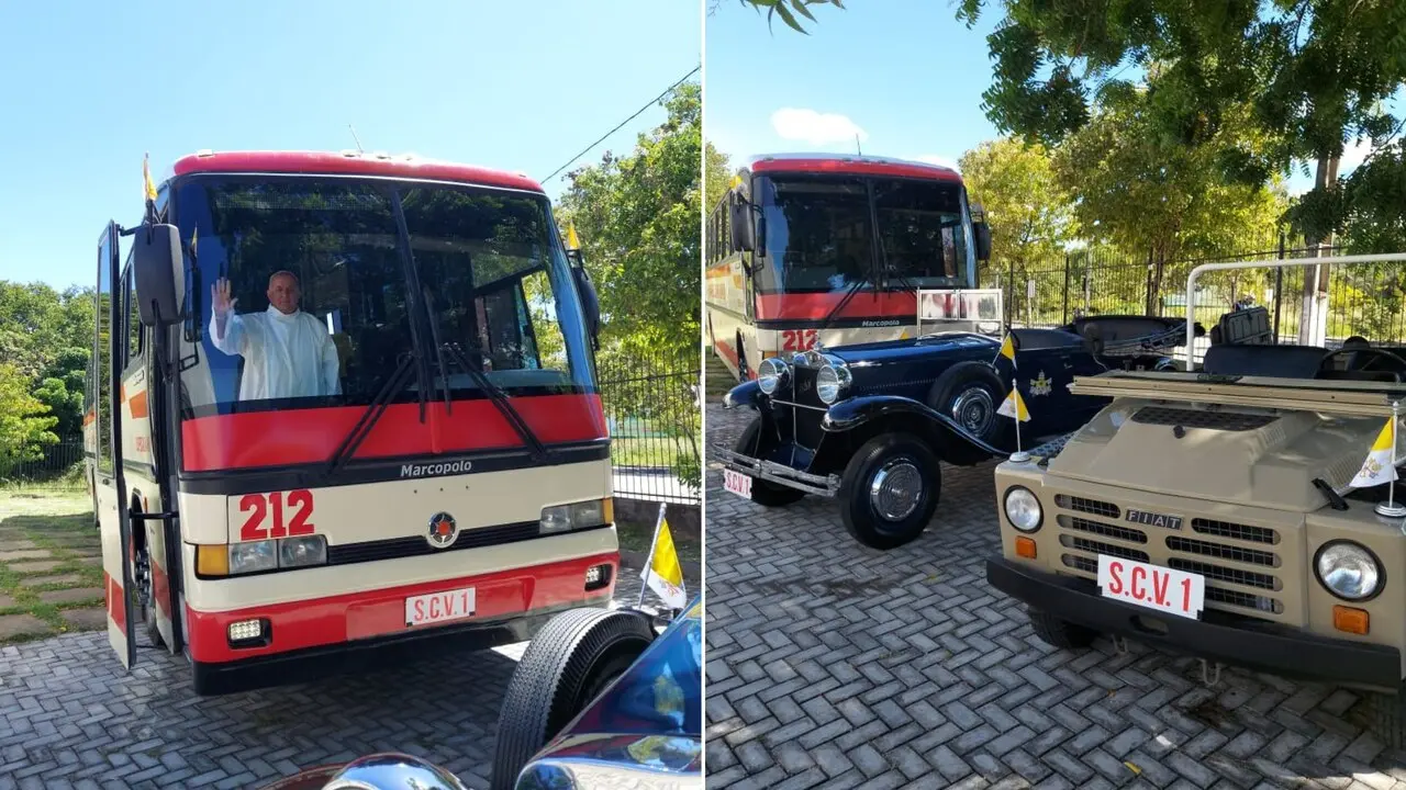 Montagem de duas fotos de desfile promovido pelo Museu do Automóvel do Ceará em homenagem a visita do papa João Paulo II