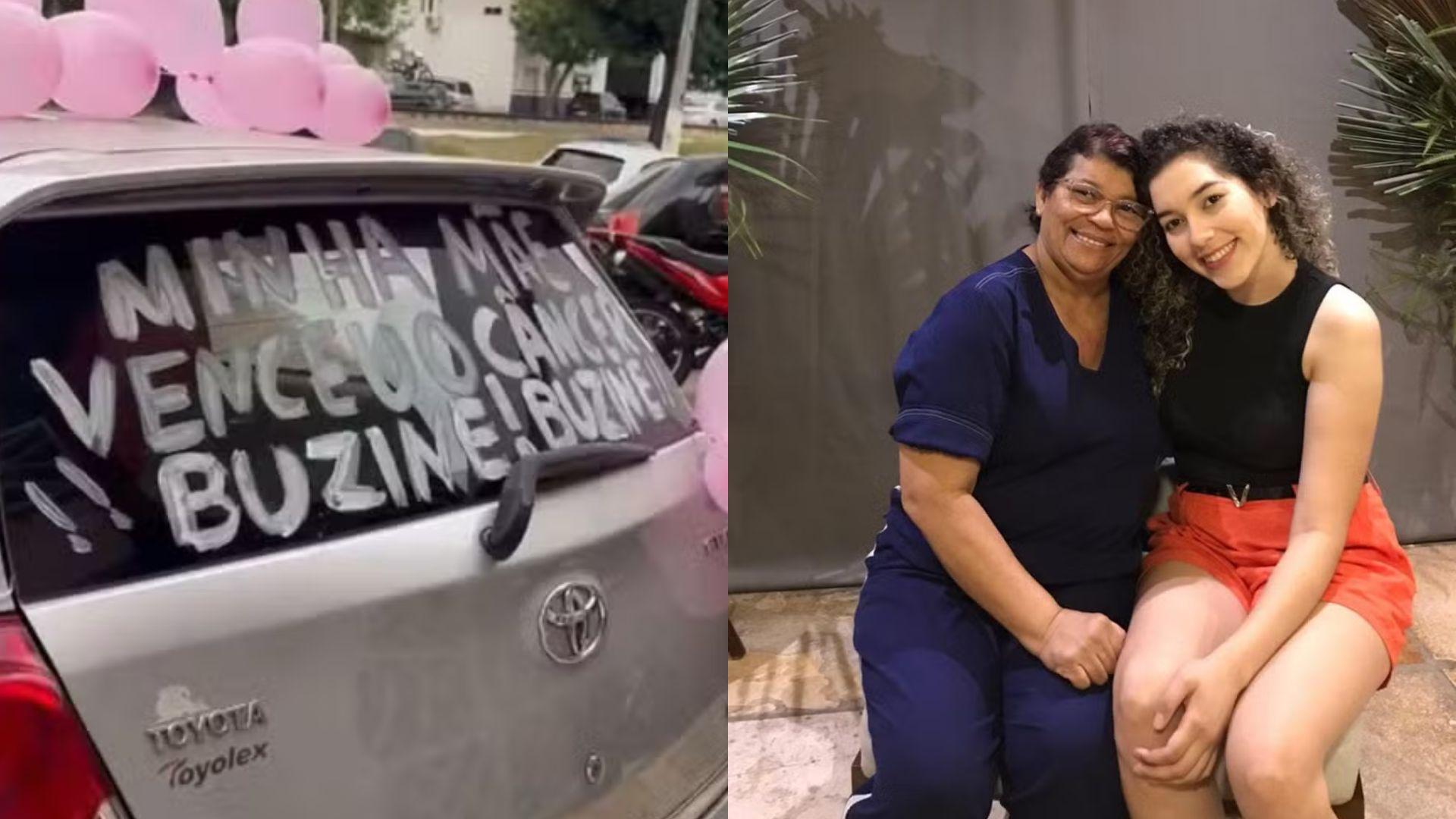 O vidro traseiro do carro com a frase, e outra foto da mãe e filha