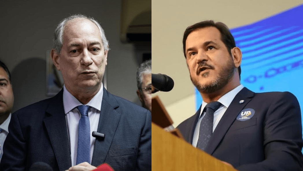 Montagem com foto de Ciro Gomes e Antônio de Rueda em eventos distintos. À esquerda, Ciro, um homem de cabelos grisalhos, usando terno escuro, camisa clara e gravata azul, fala à imprensa com expressão séria, cercado por outras pessoas ao fundo. À direita, Rueda, homem de cabelo escuro e barba aparada, também de terno escuro e gravata azul, que está em um púlpito com microfone, falando em um ambiente formal com fundo azul e distintivo do partido União Brasil no paletó. Ambos transmitem um clima de discurso político.