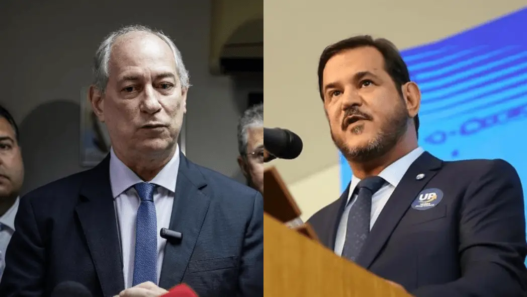 Montagem com foto de Ciro Gomes e Antônio de Rueda em eventos distintos. À esquerda, Ciro, um homem de cabelos grisalhos, usando terno escuro, camisa clara e gravata azul, fala à imprensa com expressão séria, cercado por outras pessoas ao fundo. À direita, Rueda, homem de cabelo escuro e barba aparada, também de terno escuro e gravata azul, que está em um púlpito com microfone, falando em um ambiente formal com fundo azul e distintivo do partido União Brasil no paletó. Ambos transmitem um clima de discurso político.