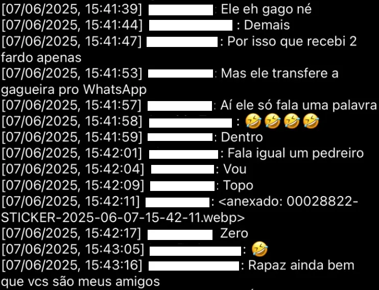 Mensagem publicada no grupo mencionando uma pessoa gaga