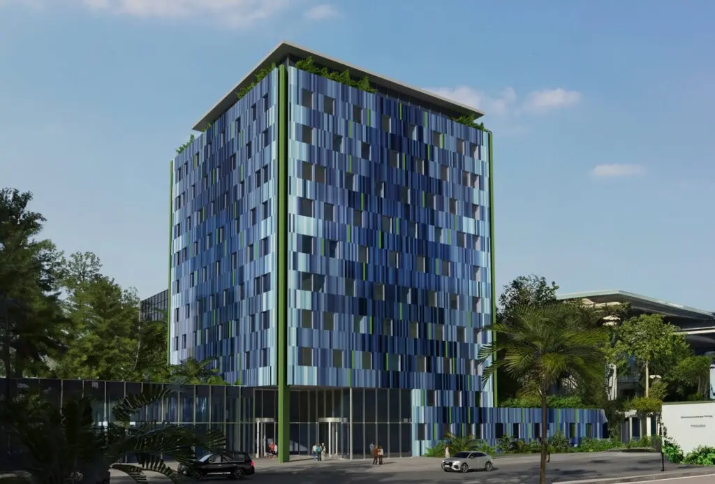 Ilustração da fachada de um hotel espelhado