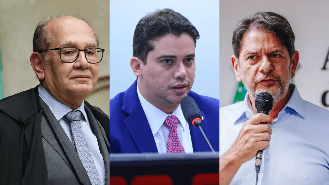 Montagem com três homens em momentos distintos de fala pública. À esquerda, Gilmar Mendes, homem calvo de óculos, vestindo toga preta sobre terno e gravata, com expressão séria — em ambiente institucional. Ao centro, Júnior Mano, homem jovem de terno azul e gravata rosa, falando ao microfone com expressão concentrada, posicionado atrás de um púlpito. À direita, Cid Gomes, homem de meia-idade com barba grisalha e camisa azul clara, segurando um microfone e falando, com semblante sério. A imagem sugere figuras públicas ou autoridades em contextos formais.
