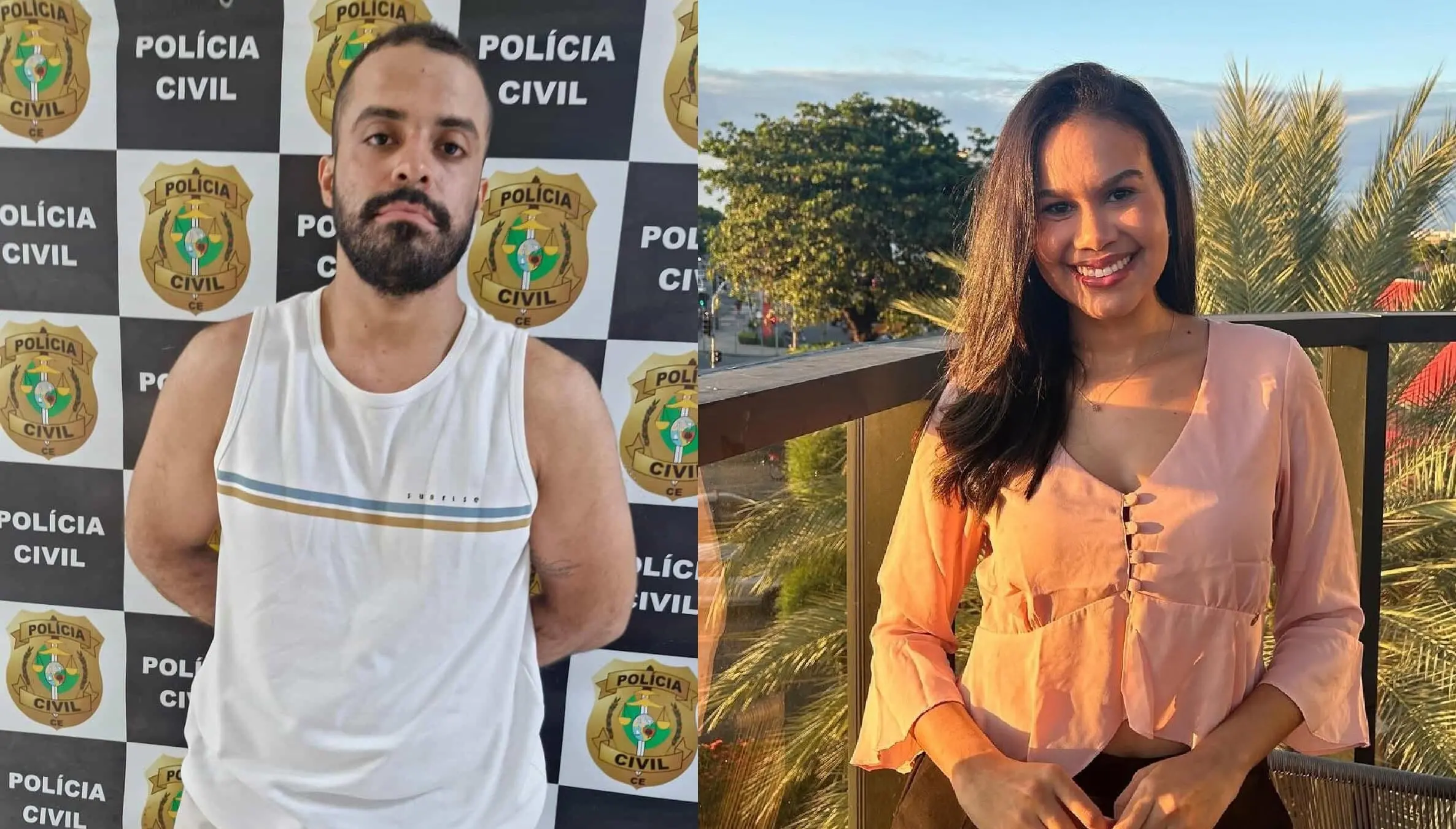 Foto-montagem do gestor ambiental Matheus Anthony Lima Martins Queiroz, preso em flagrante por matar a namorada, e da vítima de feminicídio, a enfermeira Clarissa Costa Gomes