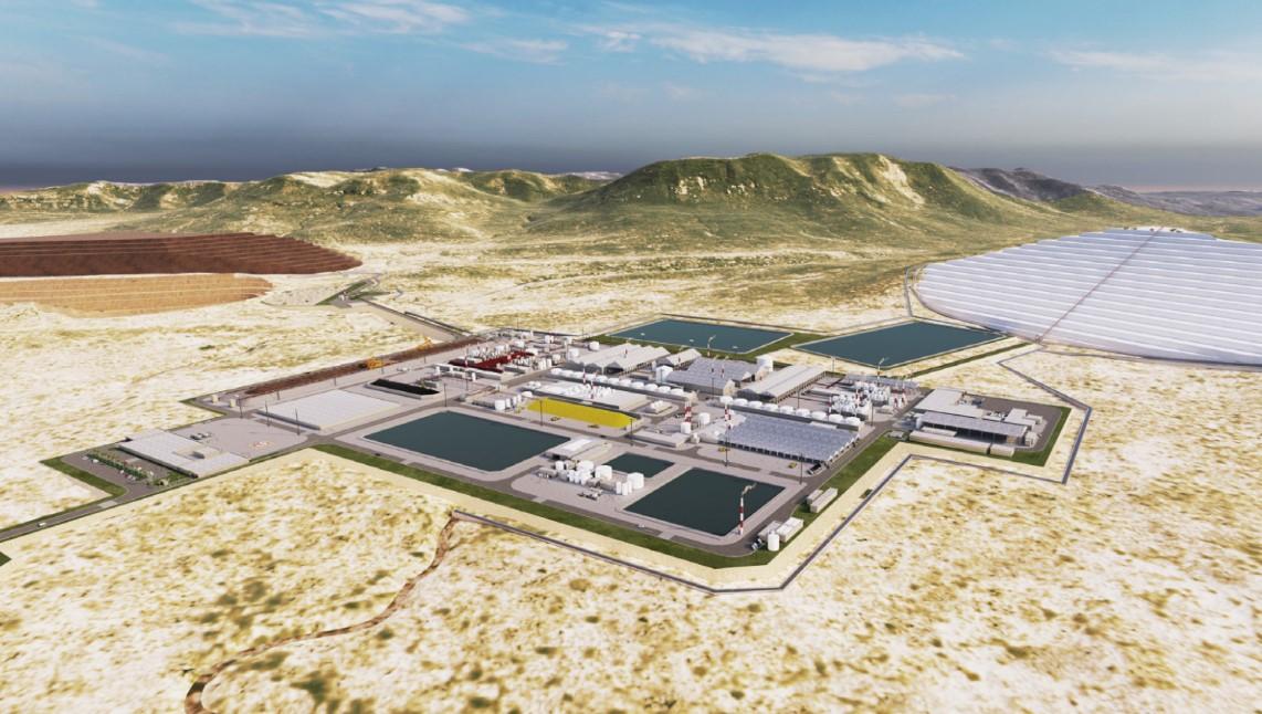 Maquete ilustrativa de centro industrial em mina de Santa Quitéria, em paisagem árida com alguns morros