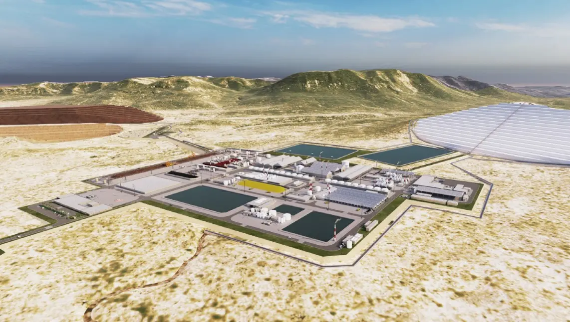 Maquete ilustrativa de centro industrial em mina de Santa Quitéria, em paisagem árida com alguns morros