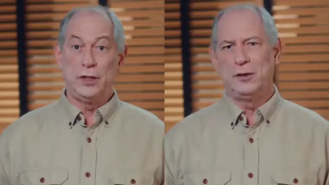 Montagem com duas imagens lado a lado de Ciro Gomes, homem de cabelos grisalhos, vestindo uma camisa bege com botões marrons. Ele aparece em um ambiente interno com persianas de madeira ao fundo. Na imagem à esquerda, está com expressão de surpresa ou ênfase; na imagem à direita, aparenta estar falando com seriedade. Ambas as cenas indicam um momento de fala direta à câmera, durante um vídeo de pronunciamento.