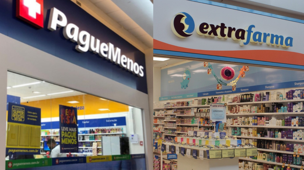 Foto que contém fachadas das farmácias Pague Menos e Extrafarma