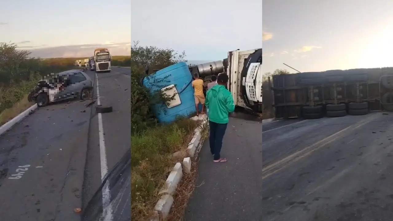 Colisão entre carro e carreta ocorreu na madrugada deste domingo (20)