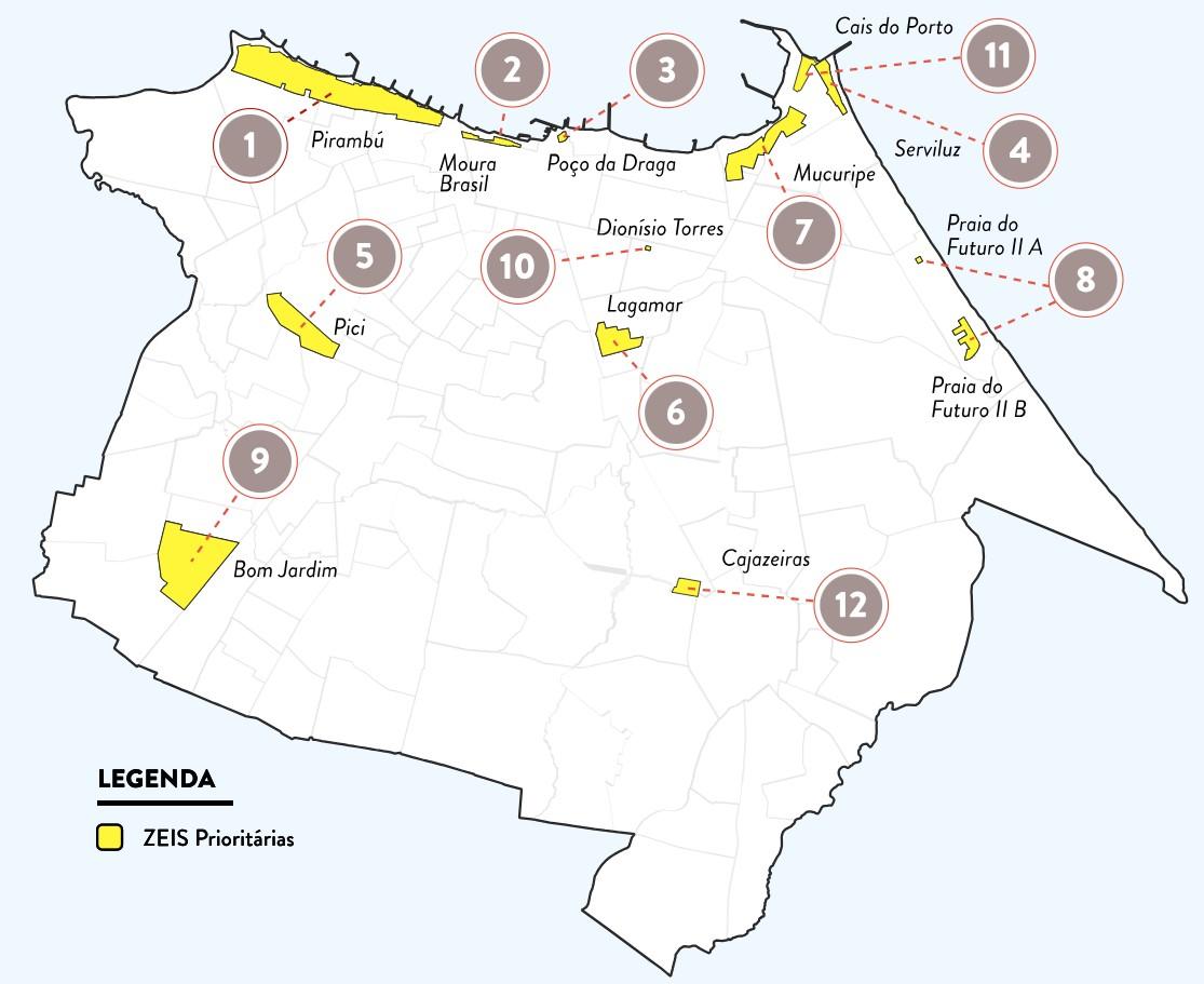 Mapa ilustrativo de Fortaleza destacando 12 zonas especiais prioritárias para regularização fundiária