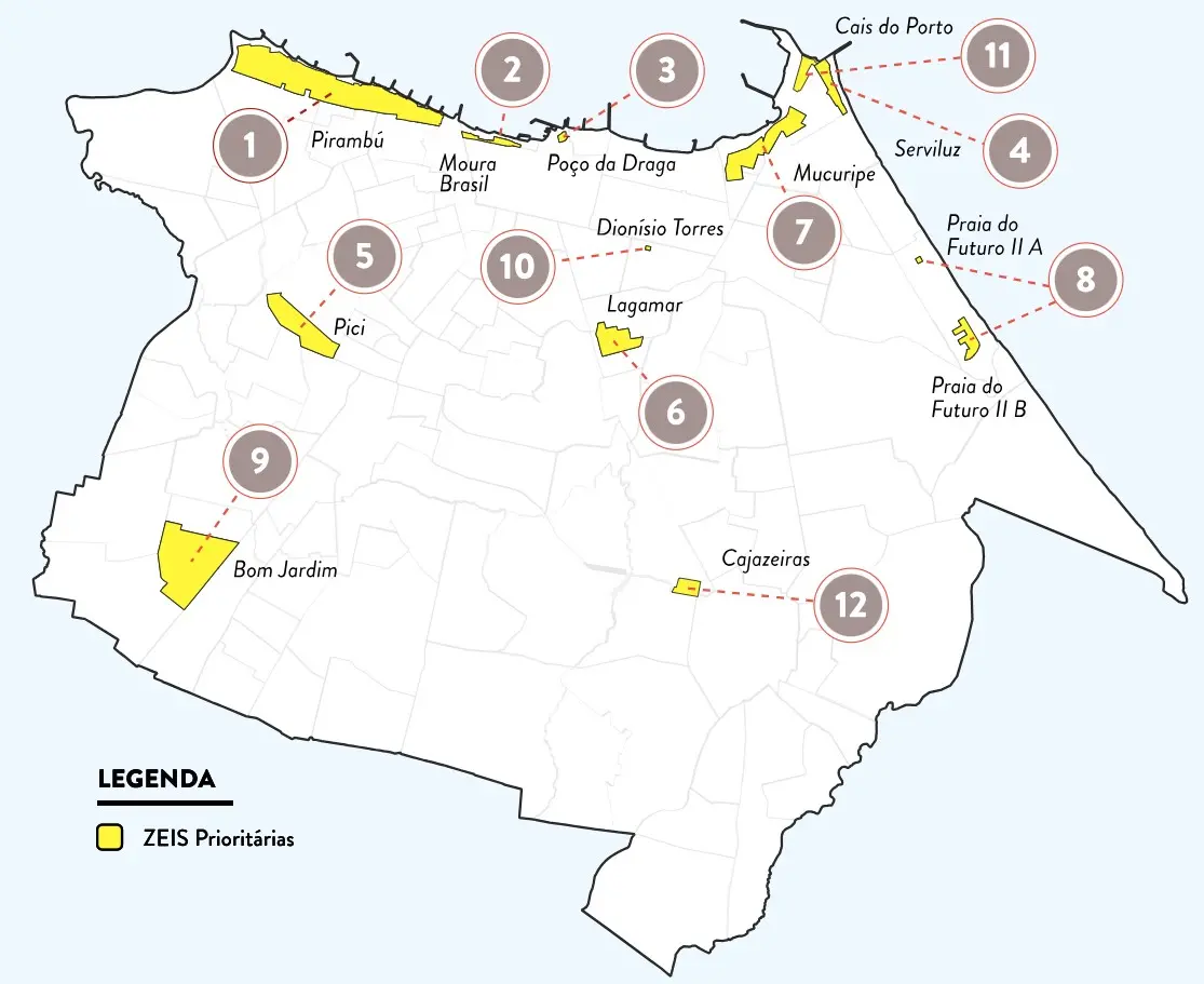 Mapa ilustrativo de Fortaleza destacando 12 zonas especiais prioritárias para regularização fundiária