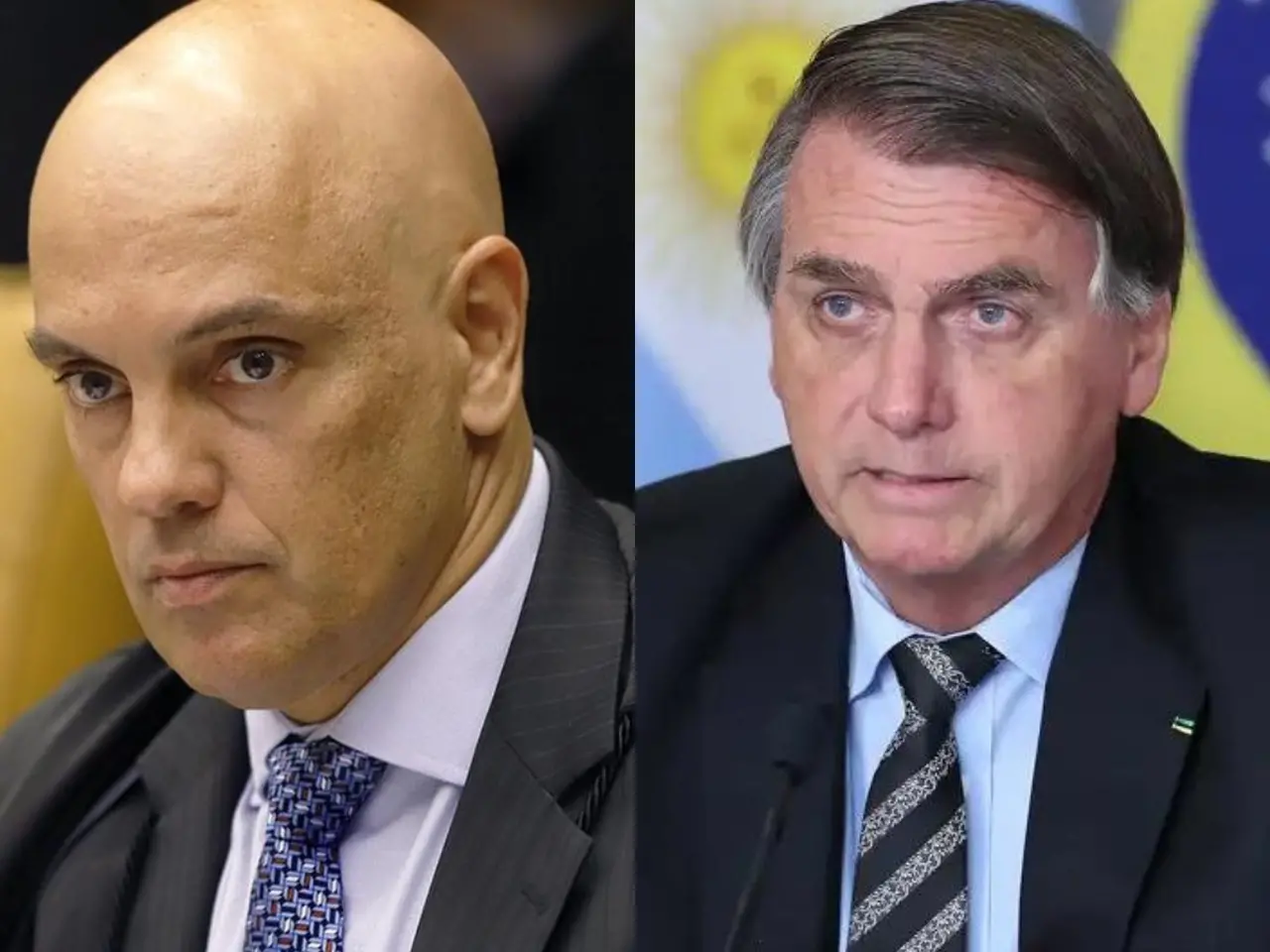 Foto montagem de imagens de Moraes e Bolsonaro lado a lado