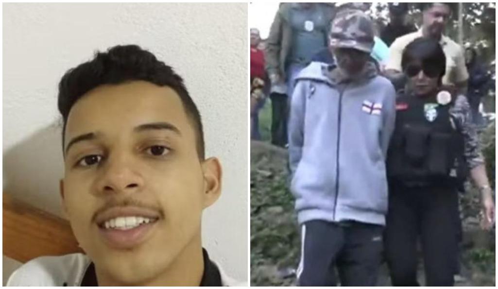 Montagem com foto de jovem morto envenenado e padrasto sendo preso pelo crime