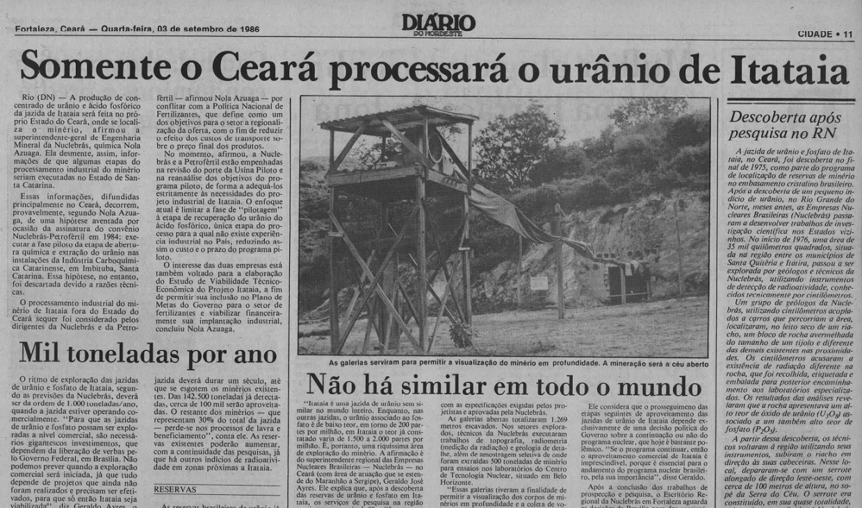 Em 1986, Diário do Nordeste já mostrava os planos para o beneficiamento de urânio em Santa Quitéria
