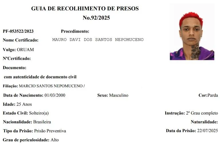 Guia de recolhimento de preso mostra foto de Oruam usada para ingresso no sistema prisional