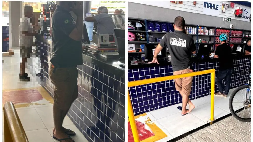Foto do delegado da Polícia Civil do Ceará (PCCE), Ivanildo Alves dos Santos, flagrado armado, de uniforme, bermuda e chinelo, em loja de autopeças em Fortaleza