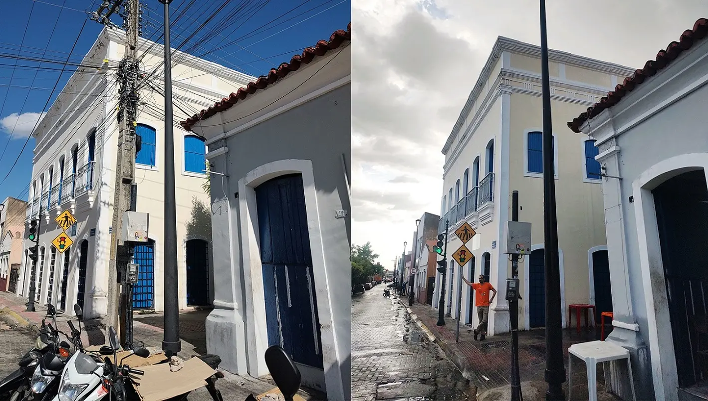 Fotos lado a lado mostram antes e depois da implantação dos fios subterrâneos no Centro Histórico de Sobral. Um poste de energia elétrica foi removido