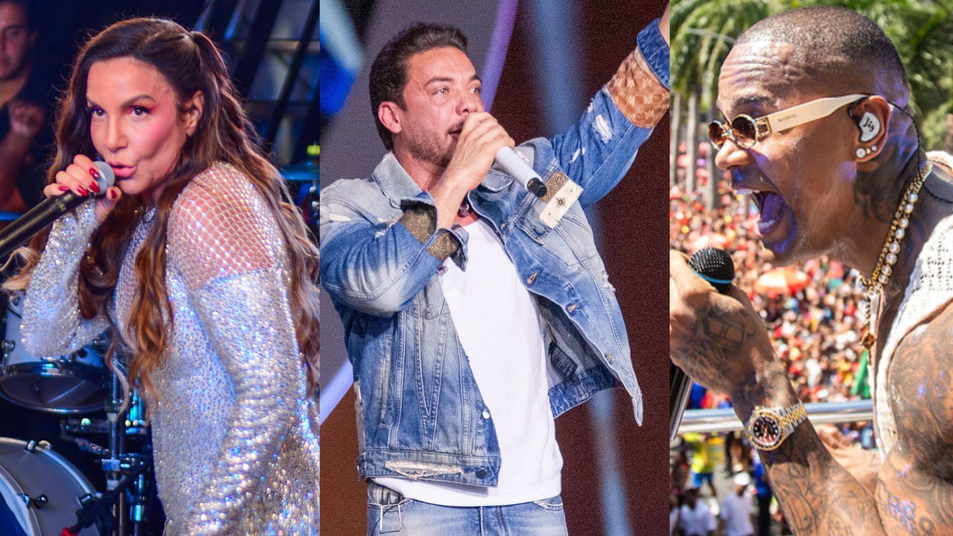 Imagem de três artistas performando em diferentes shows de música ao vivo, destacando a energia e a diversidade do cenário musical brasileiro.