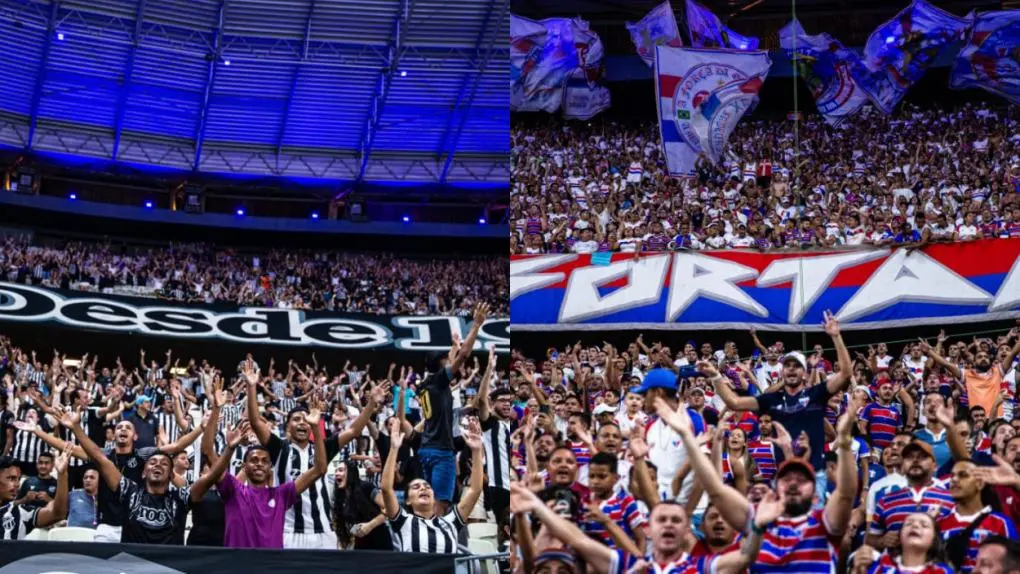 Montagem com fotos das torcidas de Ceará e Fortaleza