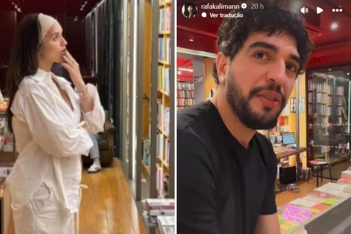Imagem do Nattan e da Rafa Kalimann comprando livros em uma livraria