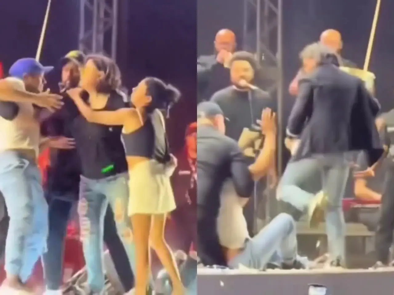 Fotos que reproduzem Roberta Mirando empurrando e chutando fã