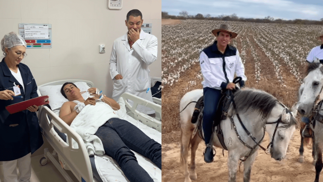 Montagem com duas imagens lado a lado. À esquerda, Domingos Neto está deitado em uma cama de hospital com uma bandagem no braço e soro conectado, aparentando estar em recuperação. Ele é acompanhado por uma profissional de saúde com prancheta e um médico em pé ao lado da cama. À direita, o mesmo homem aparece saudável, sorrindo, montado em um cavalo branco em meio a uma plantação de algodão, usando roupa de vaqueiro e chapéu.