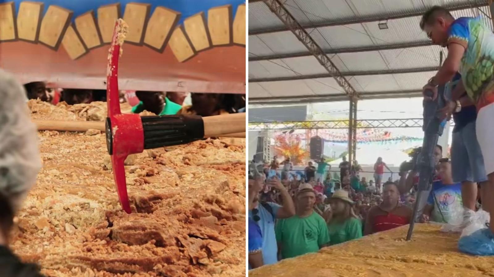 Homem com uma furadeira em cima de uma rapadura gigante