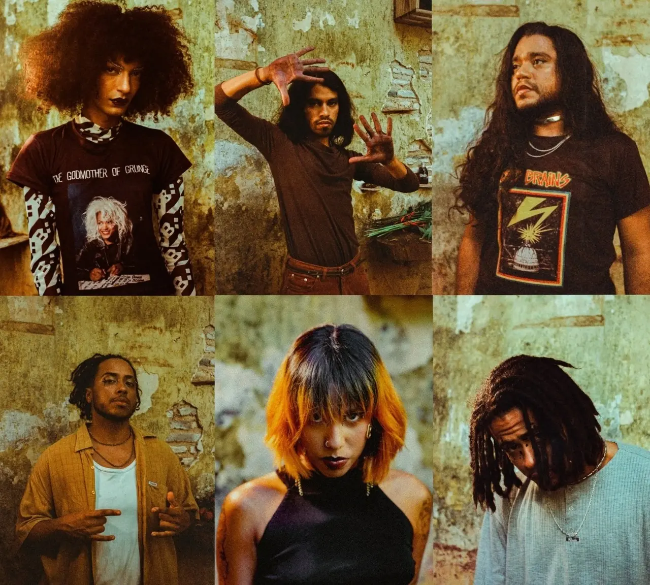 Montagem de fotos dos artistas Mumutante, Raffar Ygá, Jocasta Britto, Dj Viúva Negra, Larissa Ribeiro e Rafael Lima que formam o Baile Fazeno Rock