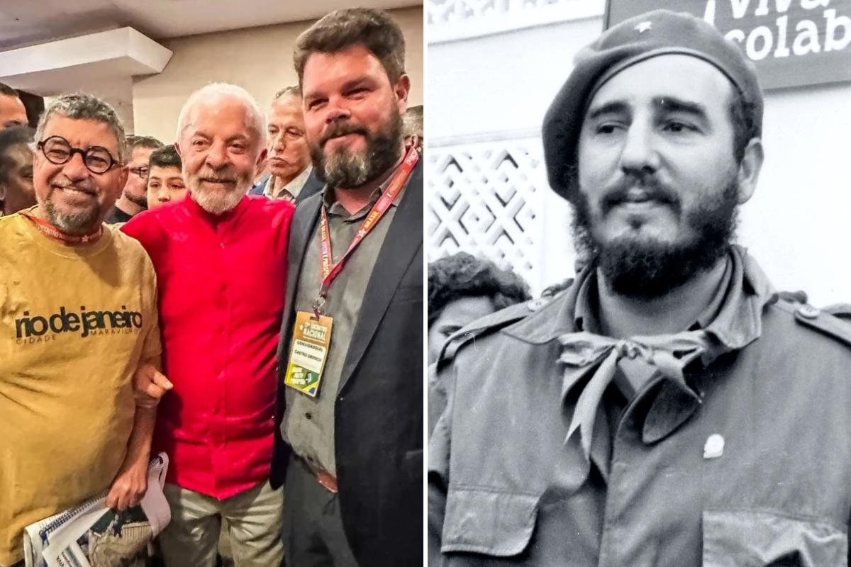 Imagem em que Lula aparece com o neto de fidel castro e outra foto, em preto e branco, que mostra fidel castro