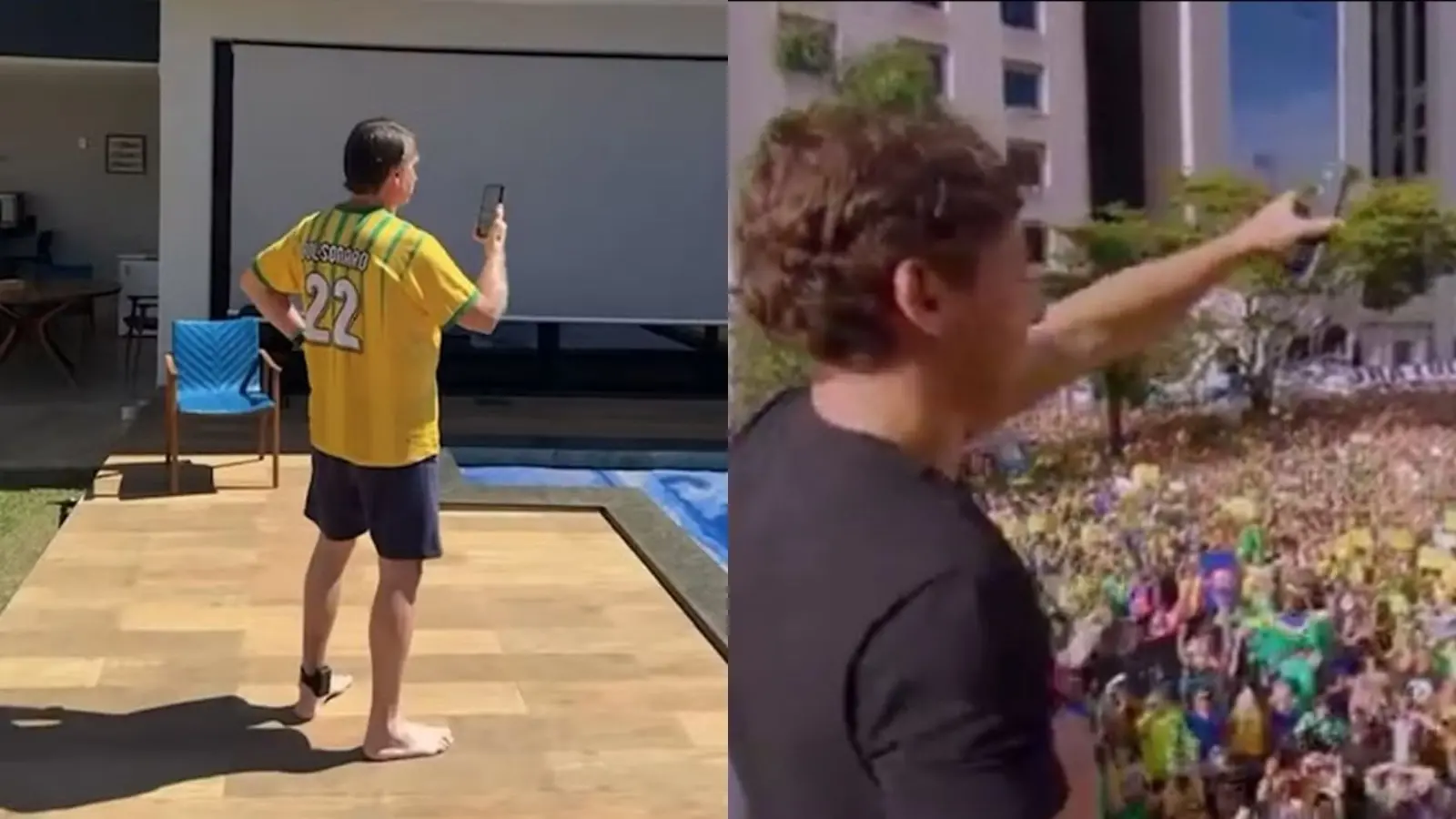 Bolsonaro em imagem com a tornozeleira eletrônica, e Nikolas Ferreira mostrando o rosto do ex-presidente