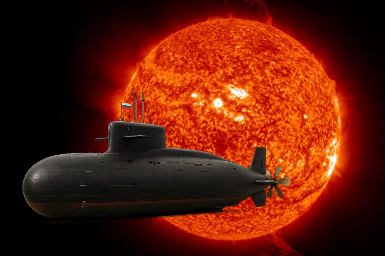 Imagem digitalmente manipulada mostrando um submarino preto no espaço, posicionado em frente ao Sol em erupção, sugerindo uma cena surreal ou fictícia