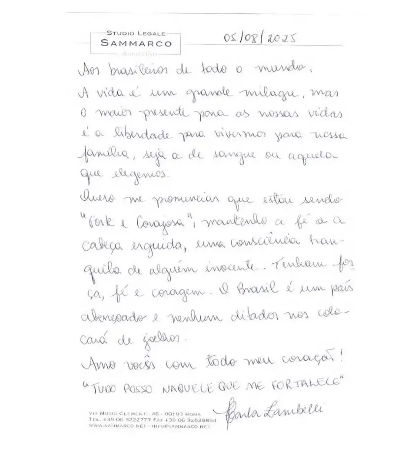 Carla Zambelli assinou carta na prisão na Itália