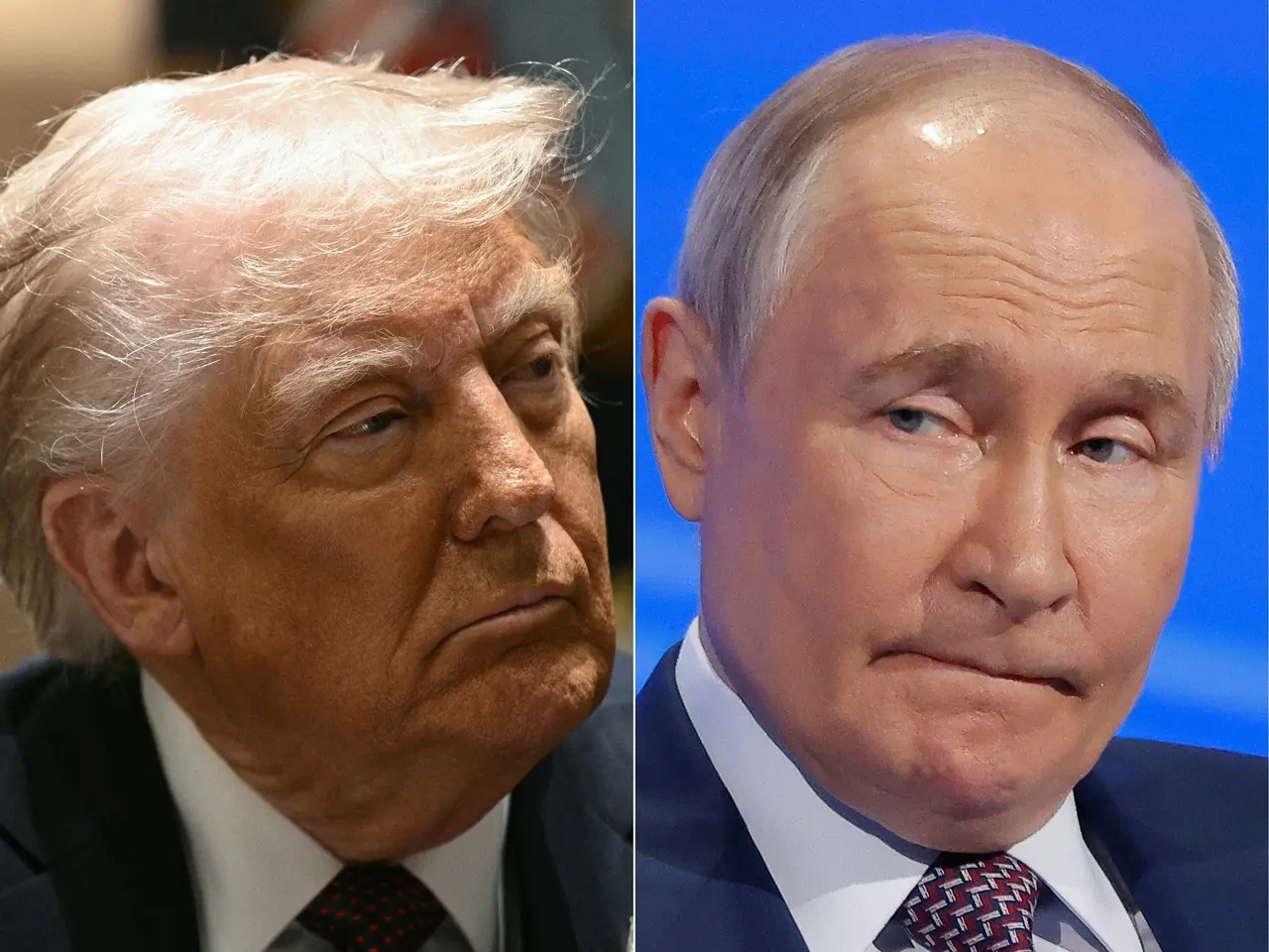 Montagem com fotos dos presidentes dos EUA e da Rússia, Trump e Putin
