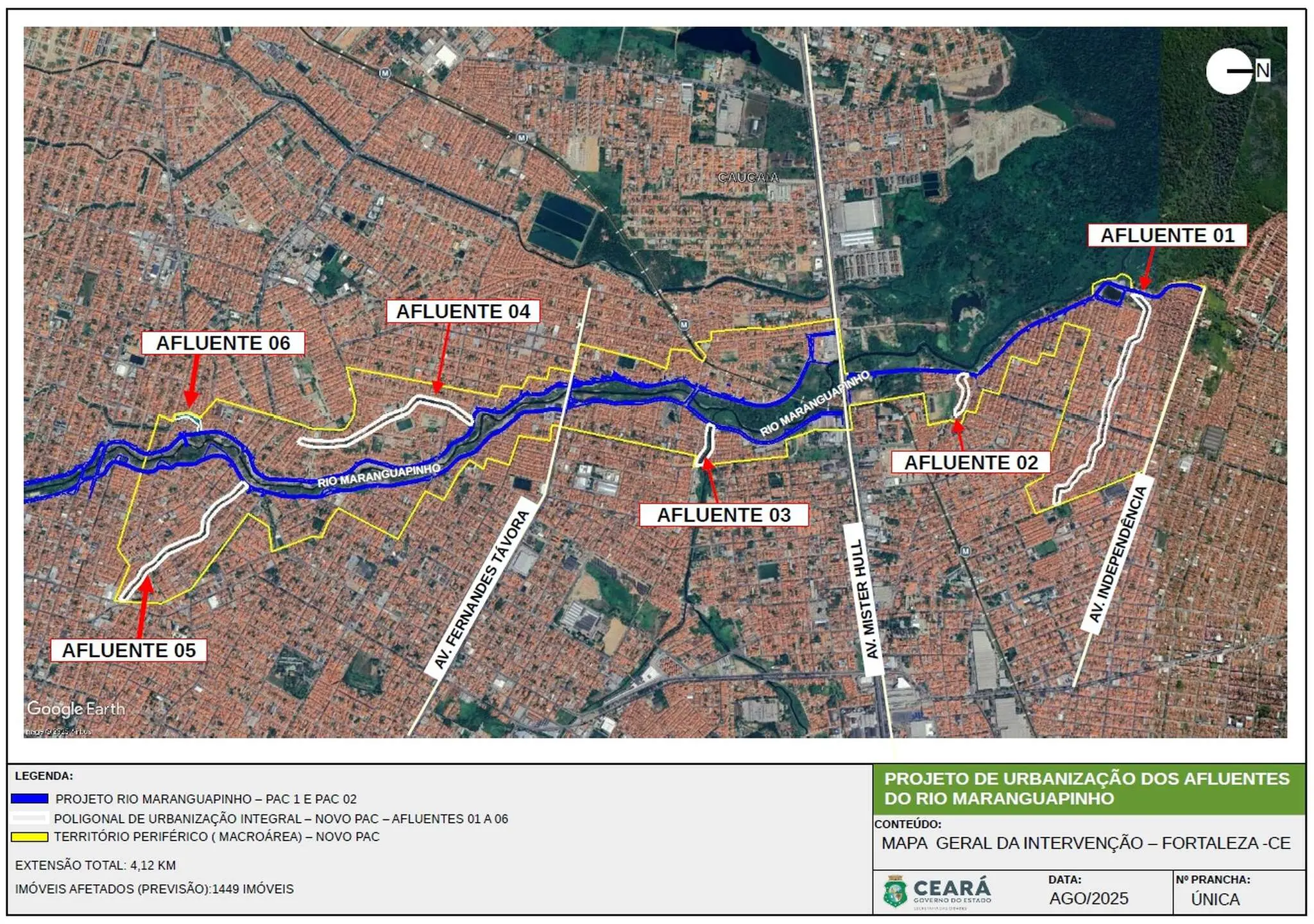 Mapa do projeto para requalificação dos afluentes do Rio Maranguapinho