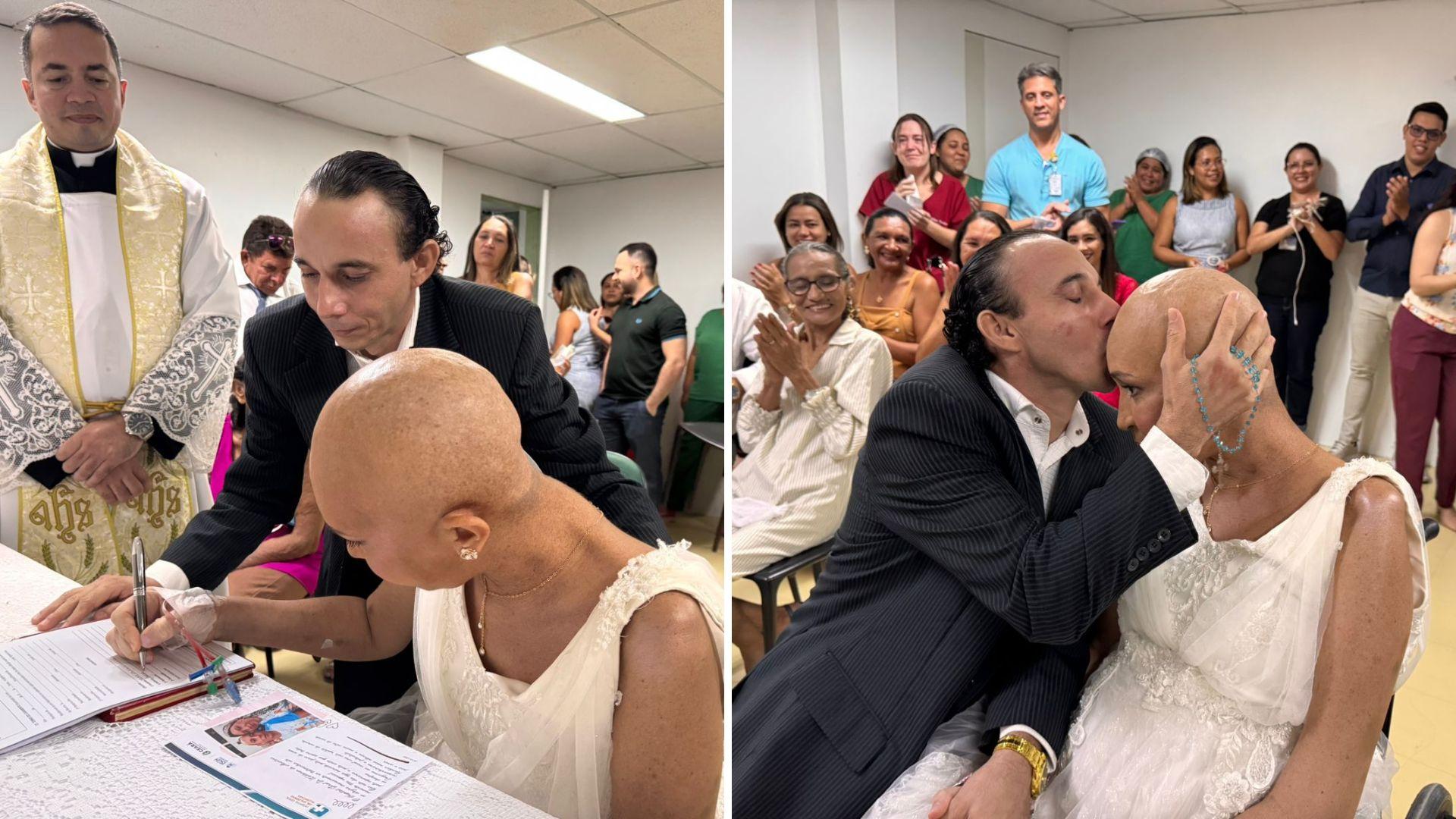 montagem de fotos de paciente em cuidados paliativos que se casou no Hospital Geral Dr. Waldemar Alcântara (HGWA), em Fortaleza