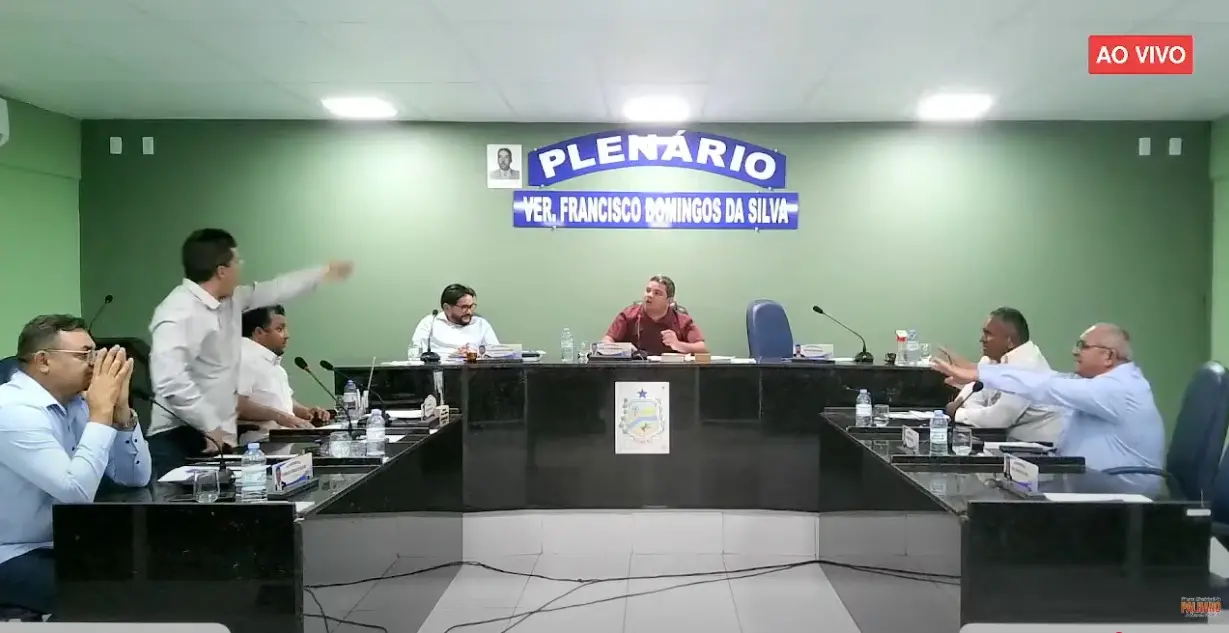 Imagem mostra trecho de sessão na Câmara Municipal de Palhano, com vereadores sentados em mesas dispostas em “U” e placa ao fundo com os dizeres “Plenário Ver. Francisco Domingos da Silva”. Alguns participantes gesticulam e discutem, indicando possível momento de debate acalorado. No canto superior direito, há um selo vermelho com o texto “AO VIVO”.