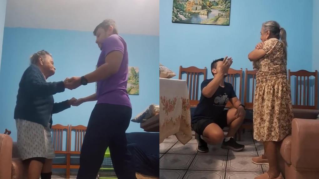 Imagem de um fisioterapeuta e uma idosa, mostrando momentos de alegria entre idosos e adultos, ambientada em uma sala de estar.