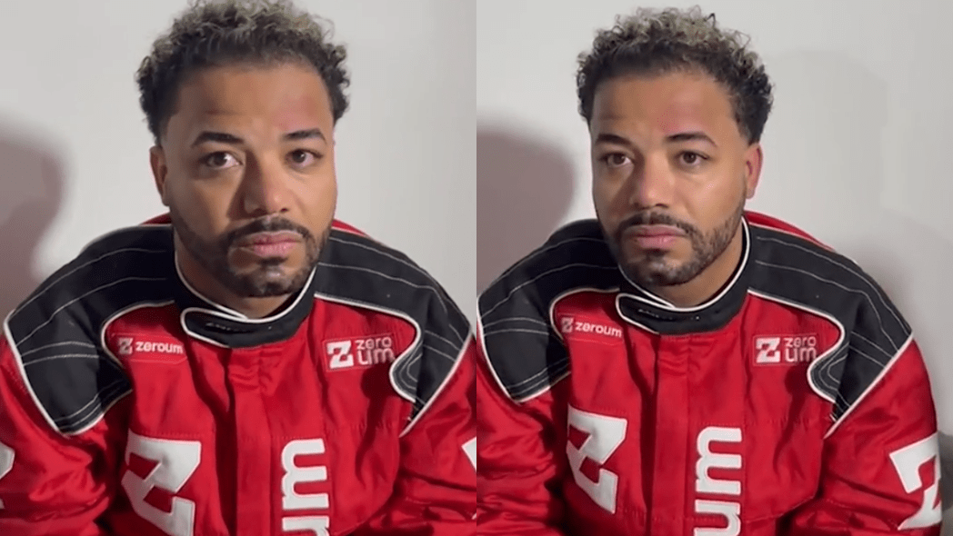 Montagem com duas imagens do mesmo homem, Hytalo Santos, vestindo um macacão de corrida vermelho com detalhes em preto e branco da marca 