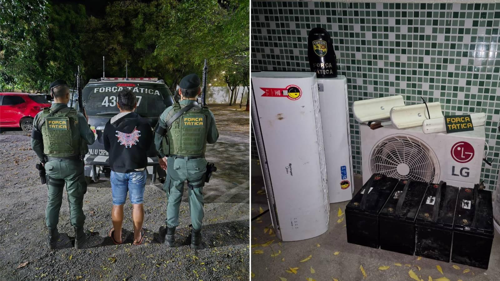Colagem mostra, à esquerda, homem preso pela Força Tática da Polícia Militar suspeito de furtar equipamentos de empresas de provedores de internet e, à direita, objetos furtados em ações criminosas em Icó e de Iguatu