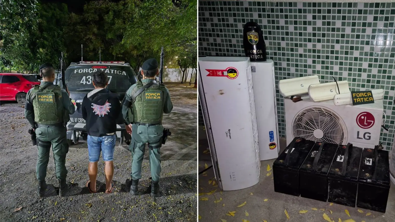 Colagem mostra, à esquerda, homem preso pela Força Tática da Polícia Militar suspeito de furtar equipamentos de empresas de provedores de internet e, à direita, objetos furtados em ações criminosas em Icó e de Iguatu