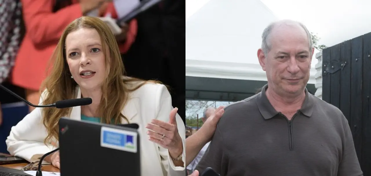 Montagem de fotos de Janaína Farias discursando em uma sala de Comissão no Senado; ao lado, Ciro Gomes segura um microfone e discursa na cidade de Capistrano