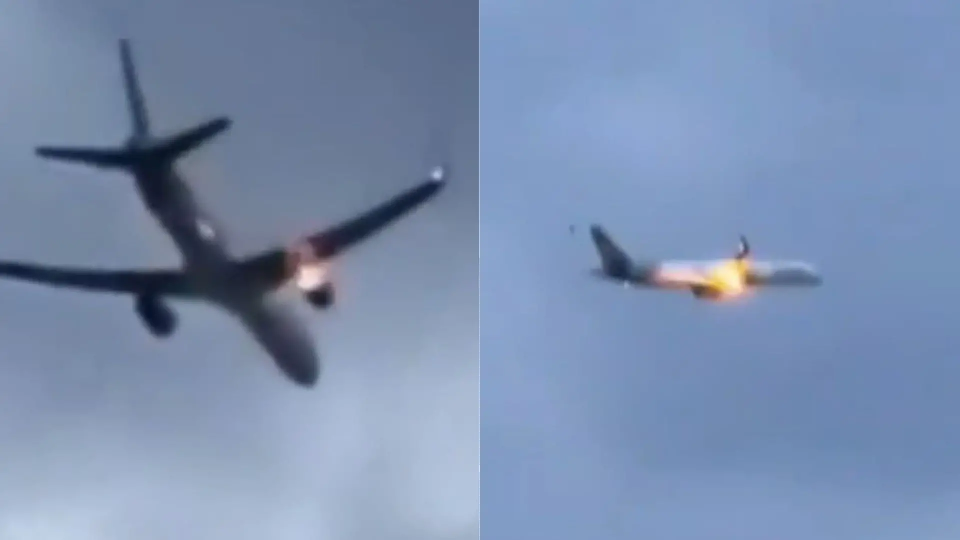 Duas imagens de um avião em chamas, mostrando a intensidade do fogo de diferentes ângulos