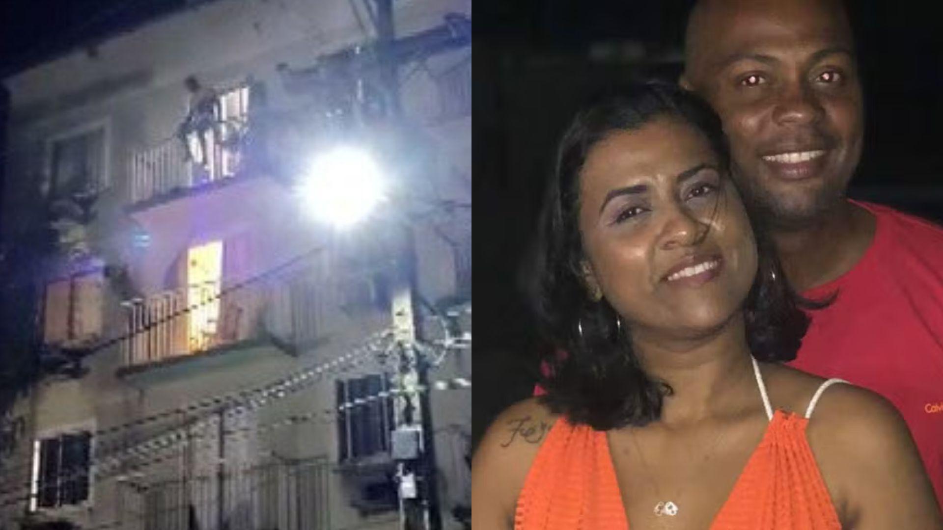 Do lado esquerdo, tem uma foto do suspeito tentando fugir e à direita é uma imagem com o casal para matéria informando que mulher foi morta a marretadas na varanda do apartamento