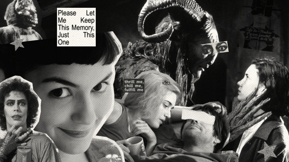 Imagem com colagem utilizando imagens de filmes como labirinto do fauno, rocky horror picture show,  amelie poulain, brilho eterno de uma mente sem lembranças, donnie darko, e outros, para matéria sobre conheça 11 filmes cult que marcaram gerações