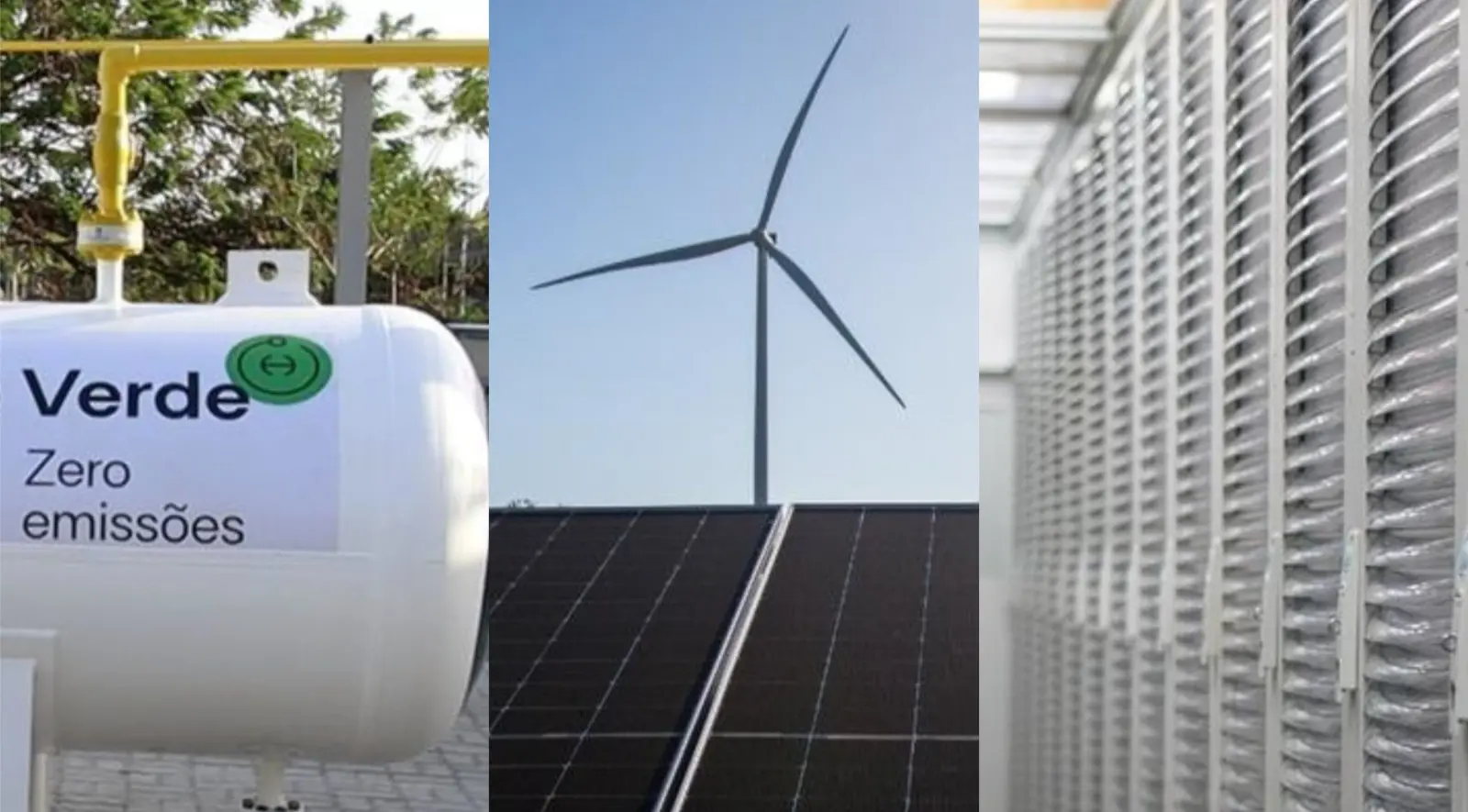 Foto que contém montagem de gerador de hidrogênio verde, gerador de energia solar, placa fotovoltaica e data centers