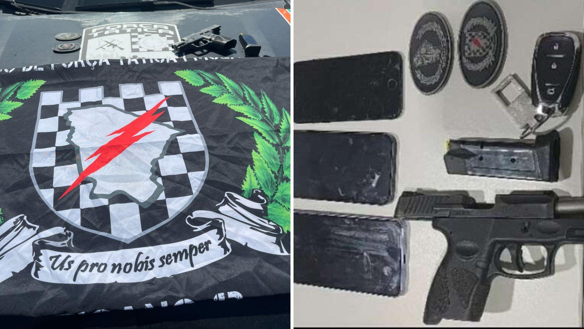 montagem de fotos mostra pistola e celulares apreendidos de suspeitos por tentativa de homicídio no Vicente Pinzón, em Fortaleza