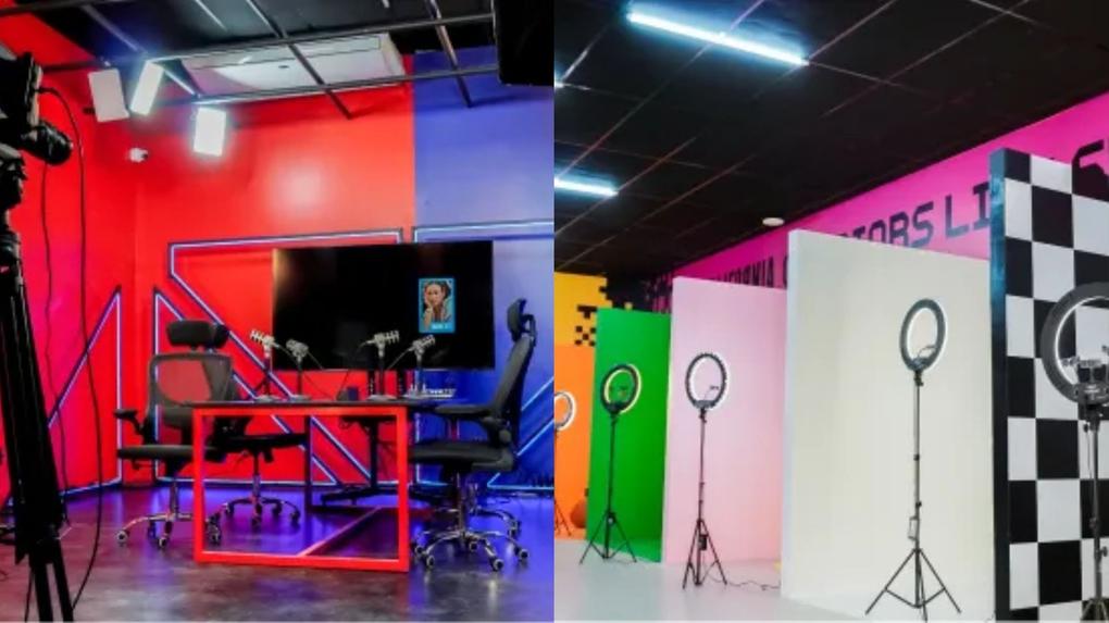 Montagem de duas imagens de ambientes de gravação no centro de formação de influenciadores, em São Paulo