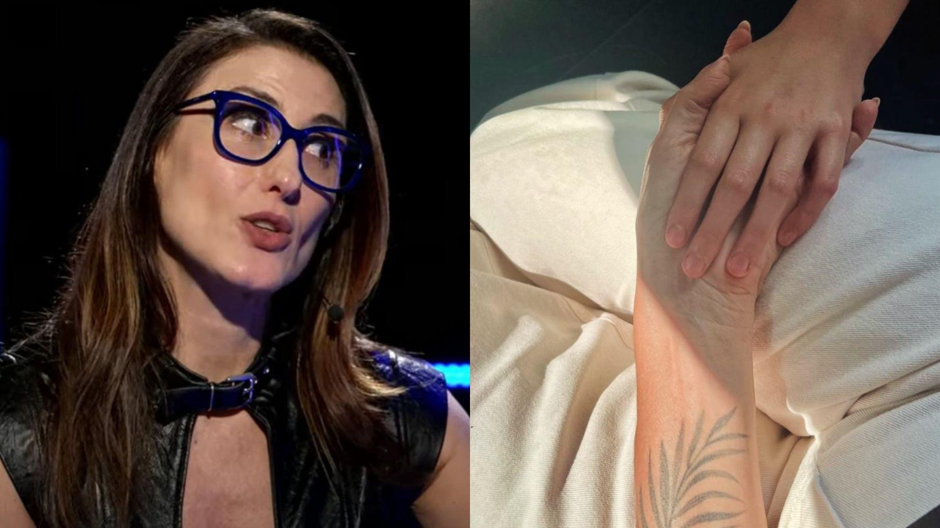 Colagem com foto de Paola Carosella ao lado de uma foto da mão de sua filha