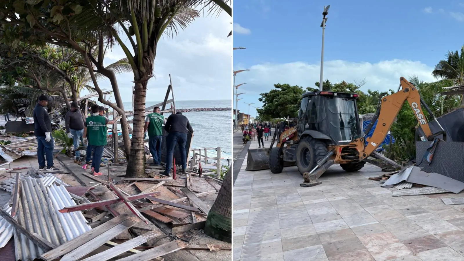 Colagem com duas imagens mostra, à esquerda, agentes da Agefis e, à direita, trato atuando na remoção de barracas irregulares na orla do pirambu em Fortaleza no dia 26 de agosto de 2025.