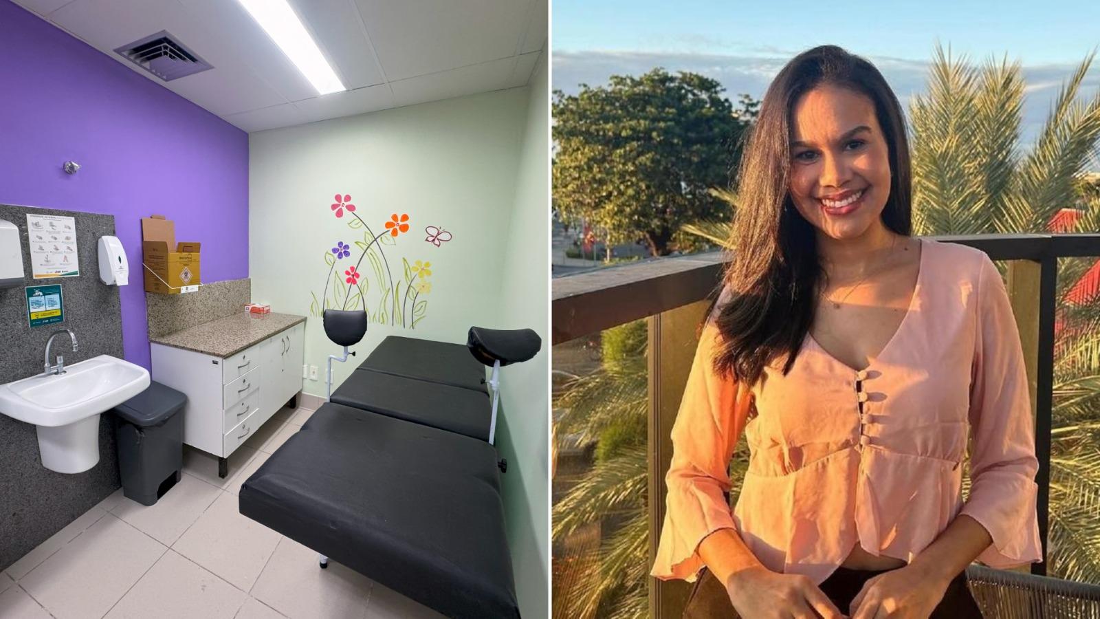 Montagem de fotos mostra a sala lilás à esquerda e a enfermeira Clarissa Costa à direita